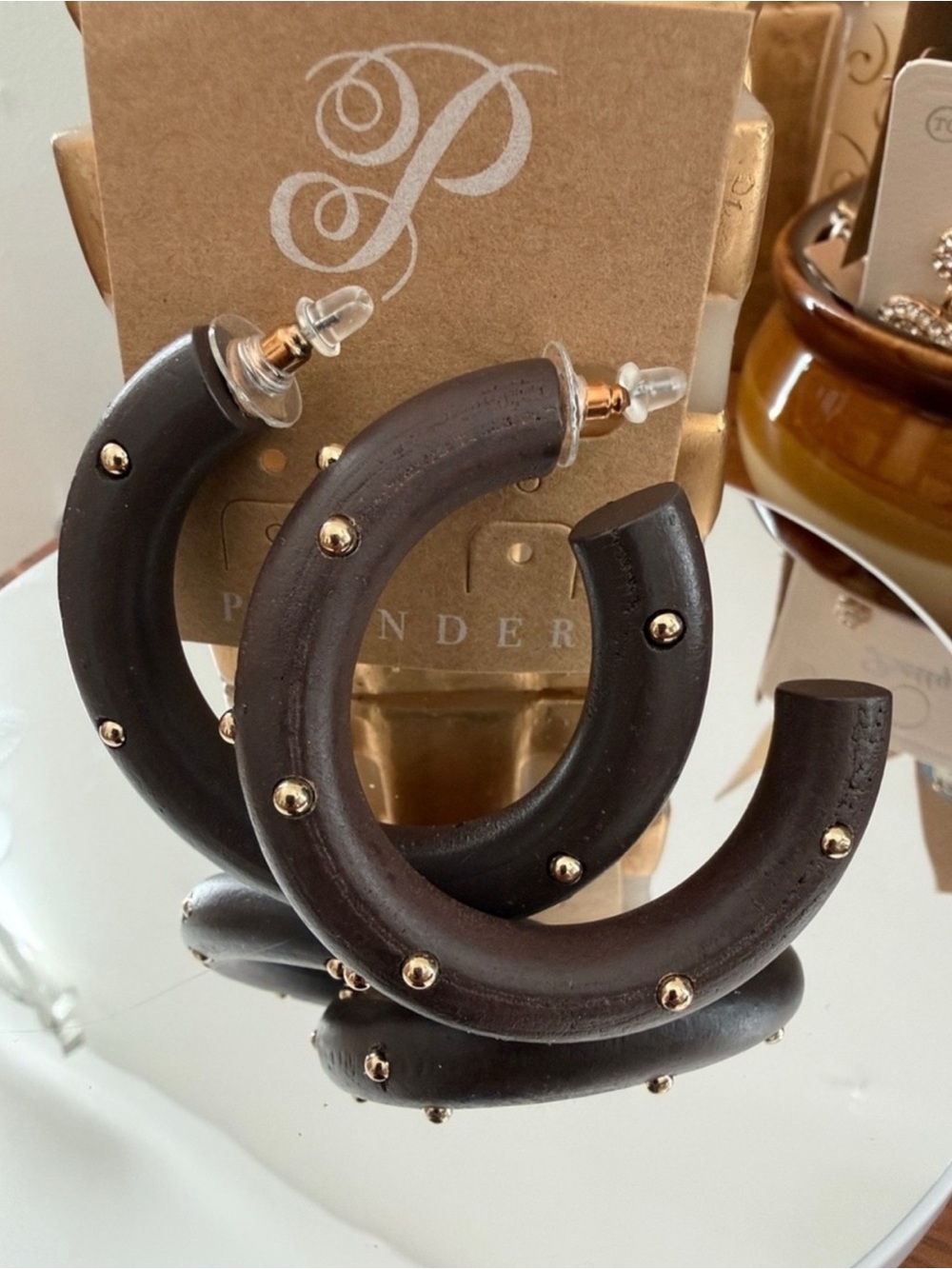 Brown Wood Hoop Earrings with Gold Studs